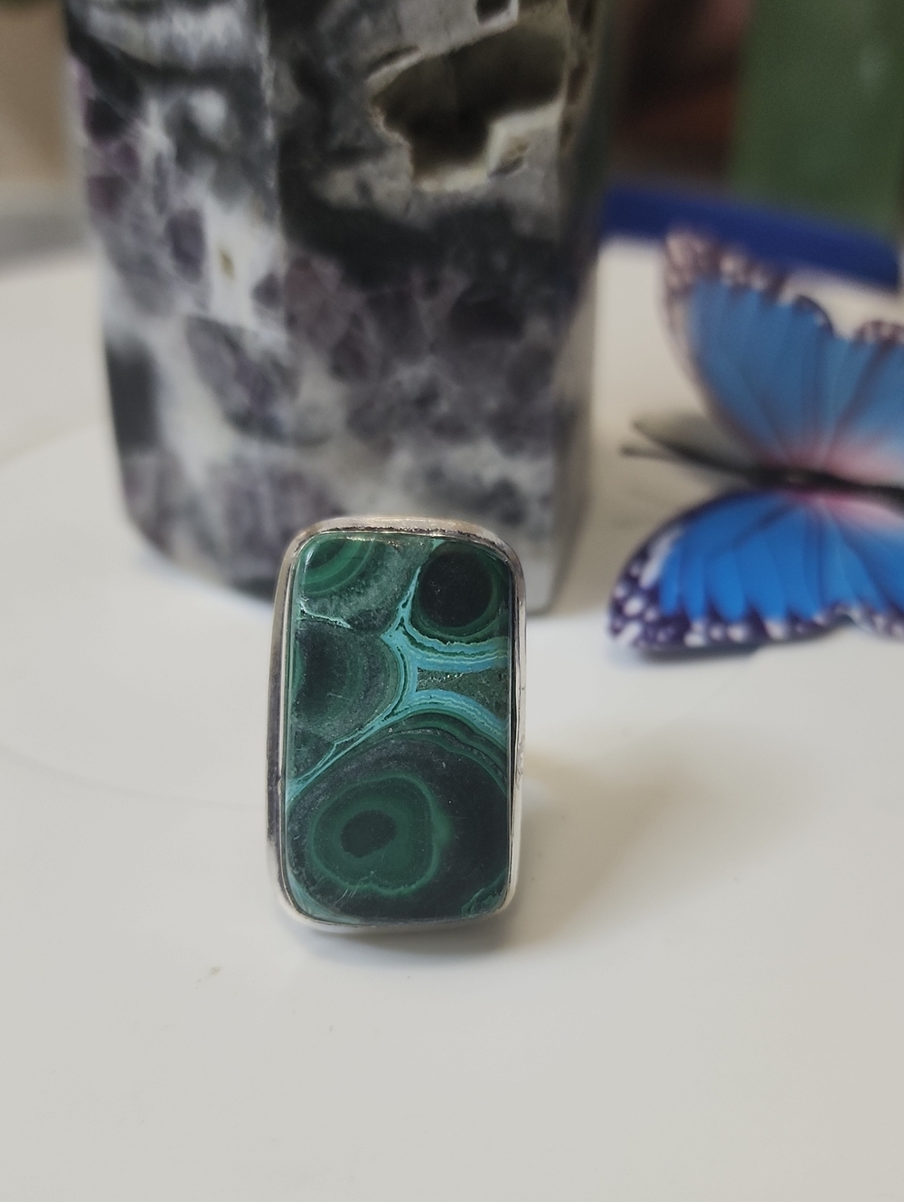 Green Malachite Rectangular Statement Ring